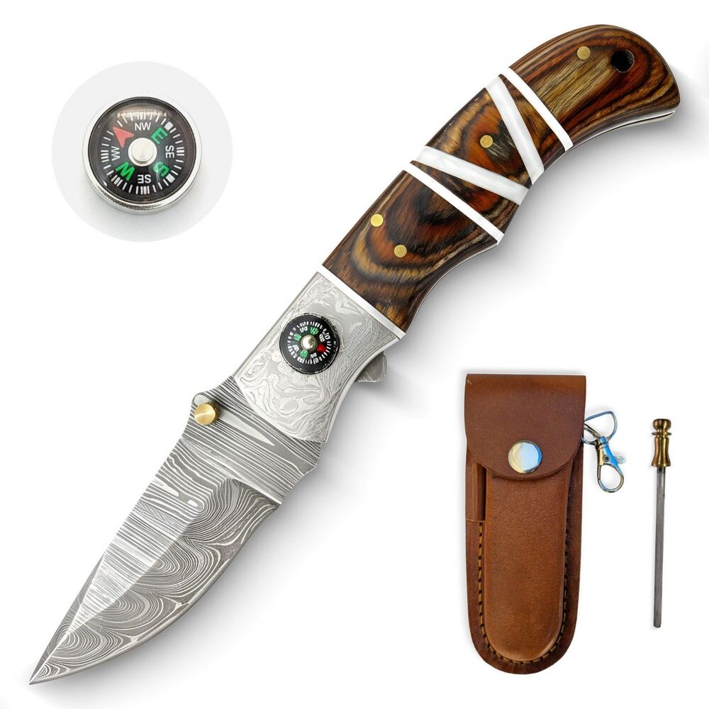 Handmade Damascus Steel Fixed Blade Knife 3.5–4” Wood Handle Leather Sheath